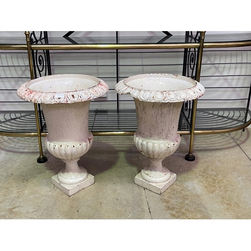 1112 - Pair of large antique French cast iron white painted garden urns, egg & dart design, each approx 65c... 