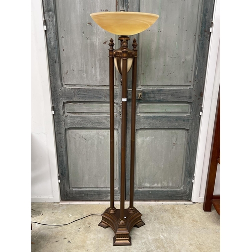 1140 - Modern triple column support standard lamp, with large amber dish shade, approx 188cm H