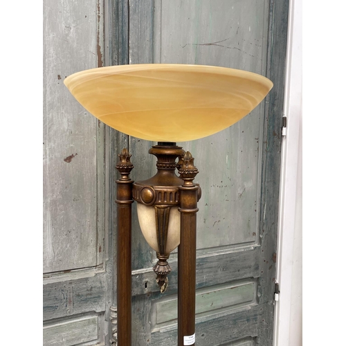 1140 - Modern triple column support standard lamp, with large amber dish shade, approx 188cm H