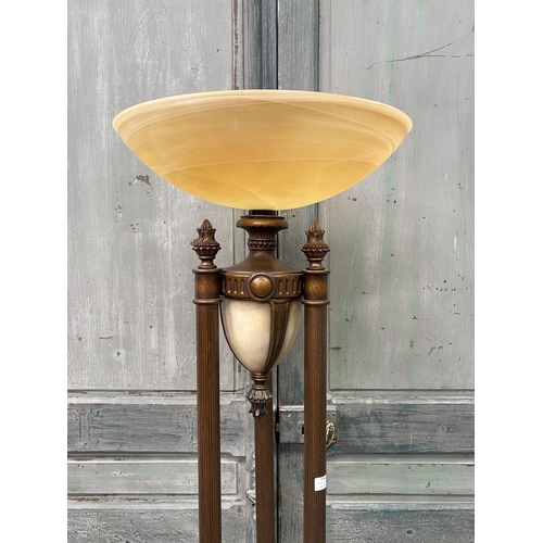 1140 - Modern triple column support standard lamp, with large amber dish shade, approx 188cm H