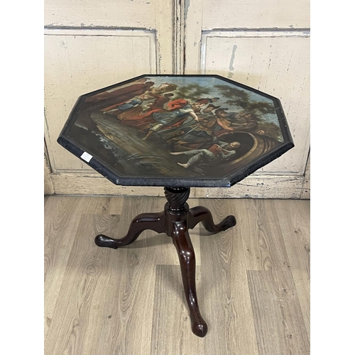 1063 - Antique English George II  painted top tea table, octagonal painted top, held by a turned fluted twi... 
