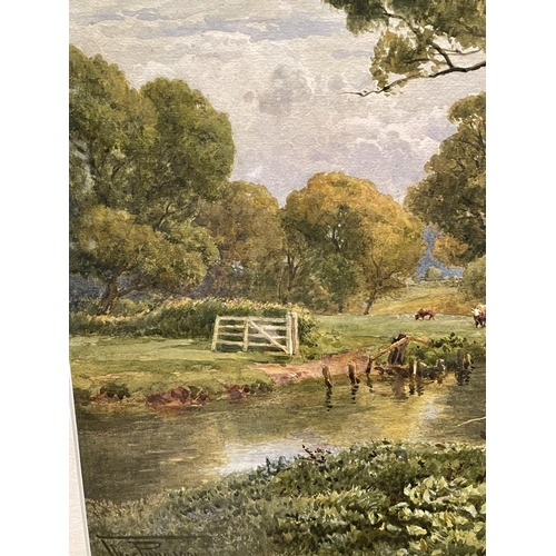 1067 - Thomas Pyne, watercolour, rural river scene with cattle & fishermen, signed lower left, dated 1901, ... 