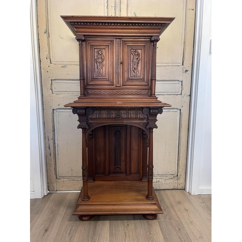 1072 - Antique French Renaissance Revival walnut hall or court cupboard on stand, carved figures to either ... 