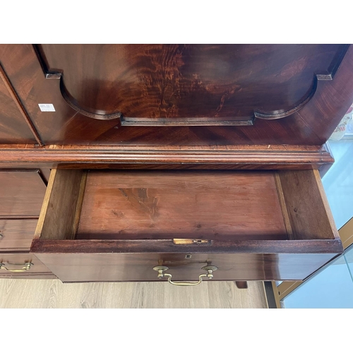 1075 - Good Antique English Georgian mahogany press on chest, recessed flambé mahogany two door top over a ... 