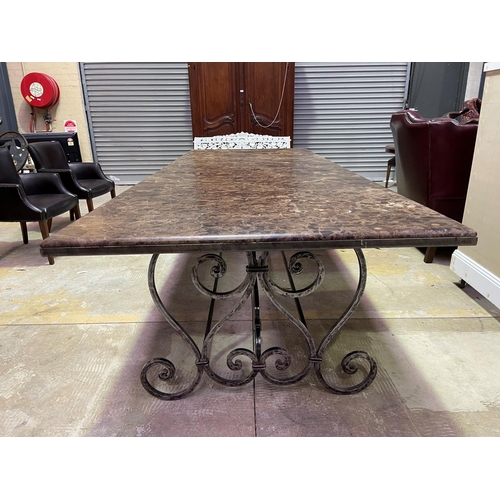 1092 - Impressive large long marble topped wrought iron based dining table, metal banded top with Emperador... 