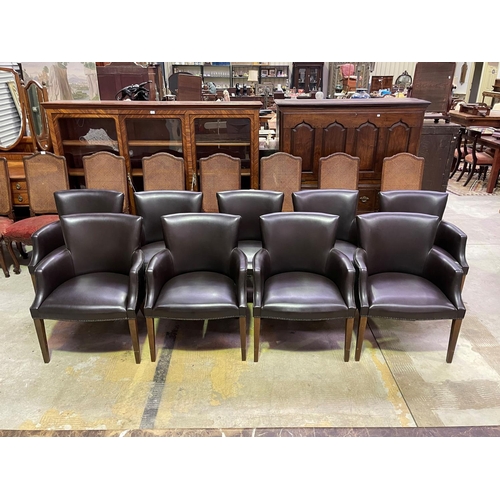 1093 - Set of ten custom made dining arm chairs, studded trim upholstery, standing on square tapering legs ... 