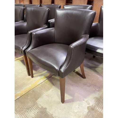 1093 - Set of ten custom made dining arm chairs, studded trim upholstery, standing on square tapering legs ... 