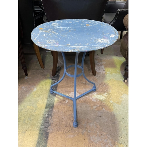 1095 - Antique French blue painted metal garden table, approx 69cm H x 55cm dia