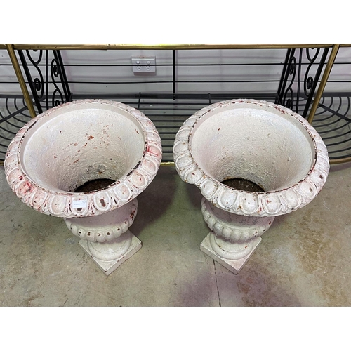1112 - Pair of large antique French cast iron white painted garden urns, egg & dart design, each approx 65c... 