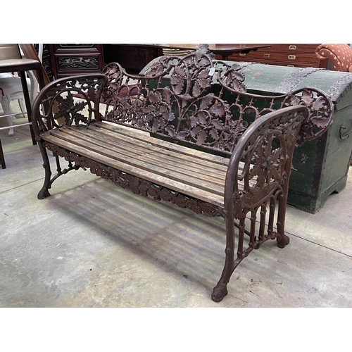 1120 - Coalbrookdale style cast iron oak leaf pattern garden bench, approx 168cm W