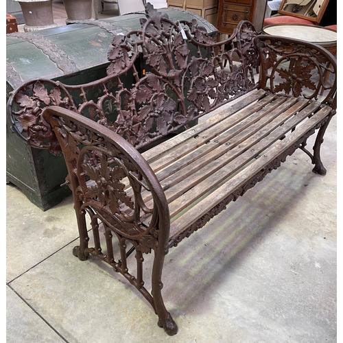 1120 - Coalbrookdale style cast iron oak leaf pattern garden bench, approx 168cm W