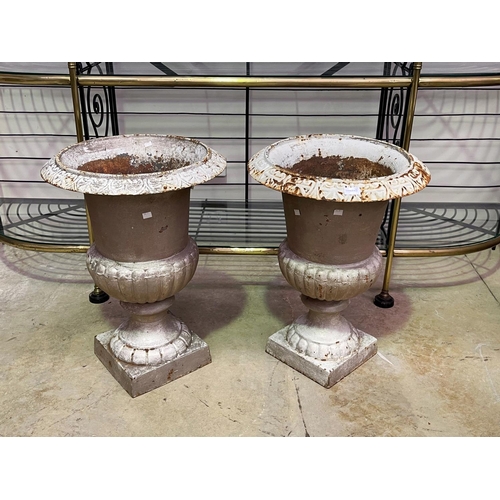 1121 - Pair of French cast iron pedestal garden urns, each approx 67cm H (2)