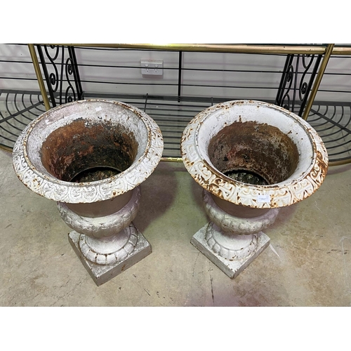 1121 - Pair of French cast iron pedestal garden urns, each approx 67cm H (2)