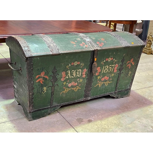 1124 - Large antique mid 19th century painted Swiss marriage domed top trunk, dated 1857, approx 80cm H x 1... 