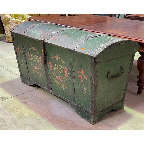 1124 - Large antique mid 19th century painted Swiss marriage domed top trunk, dated 1857, approx 80cm H x 1... 