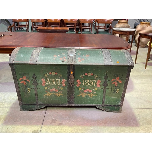 1124 - Large antique mid 19th century painted Swiss marriage domed top trunk, dated 1857, approx 80cm H x 1... 