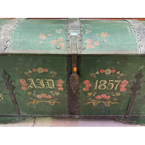 1124 - Large antique mid 19th century painted Swiss marriage domed top trunk, dated 1857, approx 80cm H x 1... 