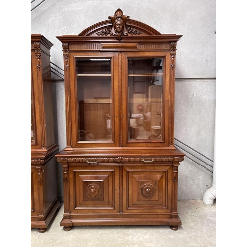1136 - Pair of antique French walnut two height bookcases, each with a carved in high relief female mask ce... 