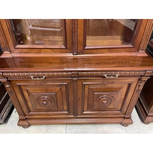 1136 - Pair of antique French walnut two height bookcases, each with a carved in high relief female mask ce... 
