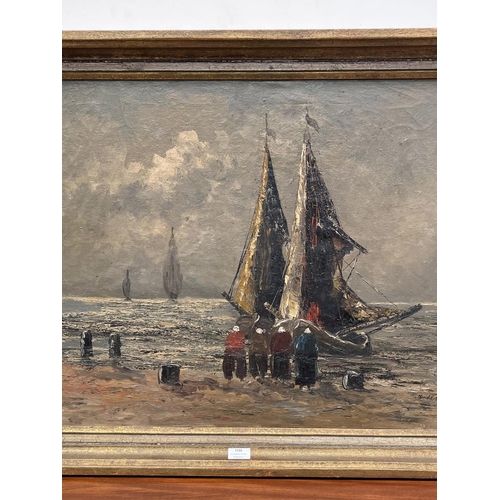 1155 - Karl Nordstrom (1855-1923) Sweden, fishing boats on shore with figures, oil on canvas, approx 59 cm ... 