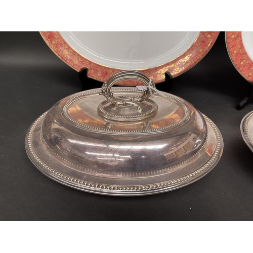 100 - Pair of oval lidded entree dishes, approx 30cm x 23cm along with two modern porcelain platters  (4)