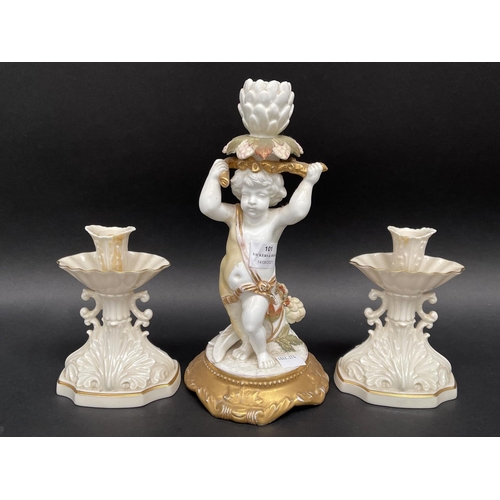 101 - Antique Moore Bros figural candleholder along with a pair of Lenox candlesticks(af), approx 28cm H a... 
