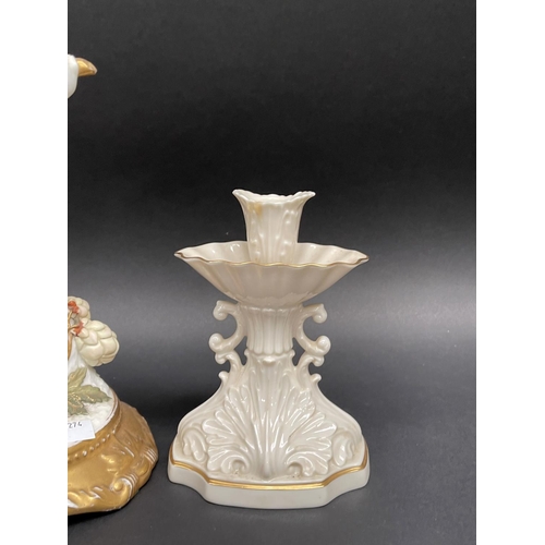 101 - Antique Moore Bros figural candleholder along with a pair of Lenox candlesticks(af), approx 28cm H a... 