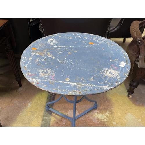 1095 - Antique French blue painted metal garden table, approx 69cm H x 55cm dia