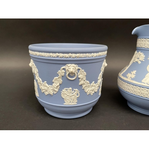 114 - Wedgwood blue jasper ware jardiniere and jug, approx 14.5cm H  and 11cm H (2)