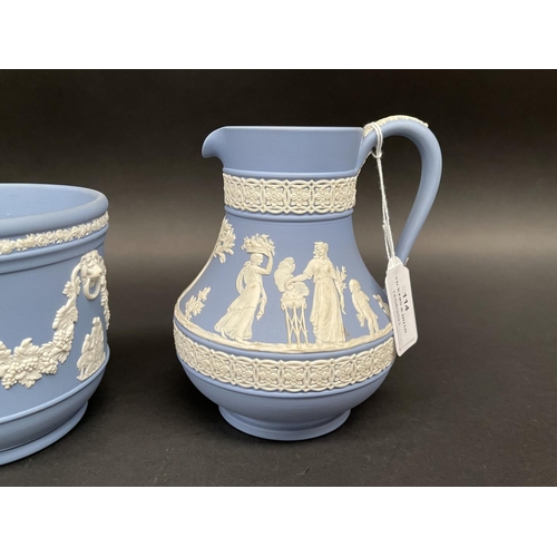 114 - Wedgwood blue jasper ware jardiniere and jug, approx 14.5cm H  and 11cm H (2)