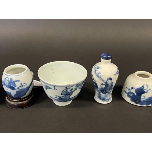 1151 - Selection of antique Chinese blue and white items, to include, wine cup, bird water holder, ink pot,... 