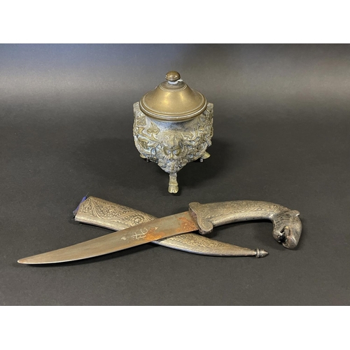 1152 - Antique cast bronze lidded urn, along with a dagger, urn approx 14cm H (2)