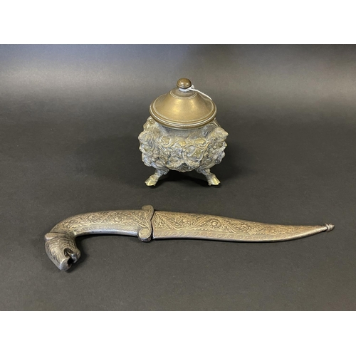 1152 - Antique cast bronze lidded urn, along with a dagger, urn approx 14cm H (2)