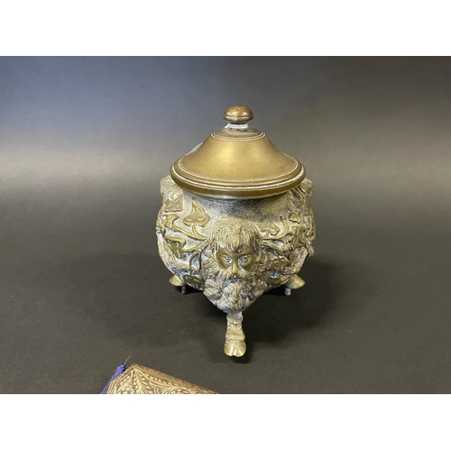 1152 - Antique cast bronze lidded urn, along with a dagger, urn approx 14cm H (2)