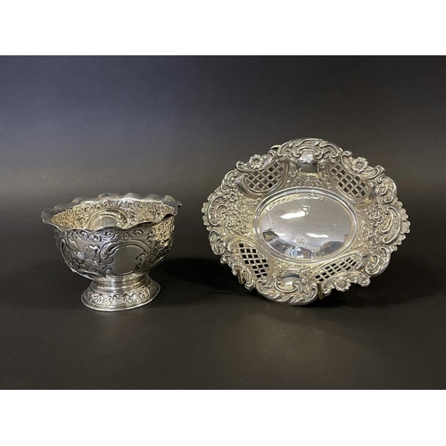 1164 - Sterling silver hallmarked English silver repousse bowl and pierced nut dish, approx 15cm W & smalle... 