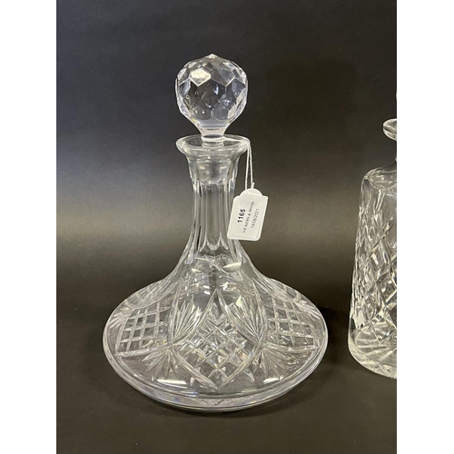 1165 - Good quality cut crystal ships decanter along with a cylinder example, each approx 26cm H (2)