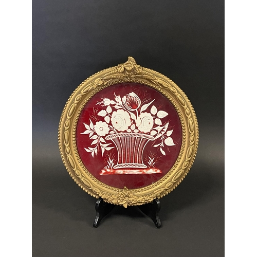 1176 - Victorian ruby overlay cut glass picture depicting a basket of flowers, original ornate gilt - gesso... 