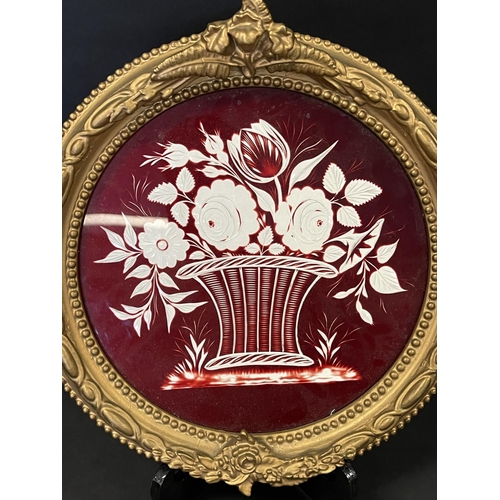 1176 - Victorian ruby overlay cut glass picture depicting a basket of flowers, original ornate gilt - gesso... 