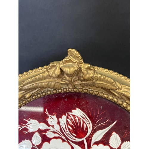 1176 - Victorian ruby overlay cut glass picture depicting a basket of flowers, original ornate gilt - gesso... 