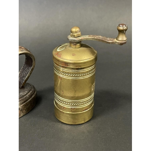 1178 - Antique miniature flat iron and brass spice grinder, approx 9cm W & smaller (2)