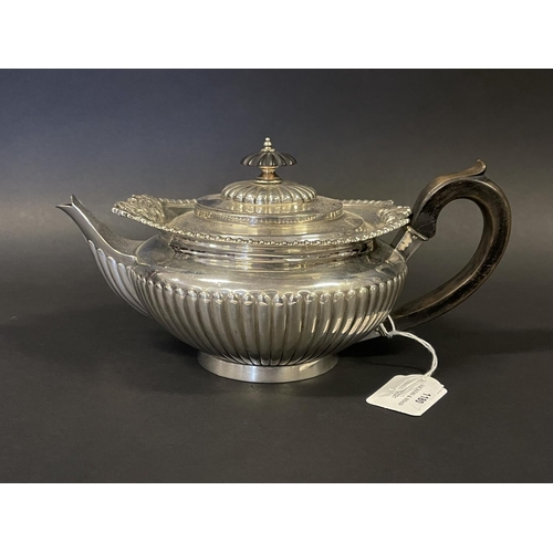1180 - Antique Regency revival hallmarked sterling silver tea pot, boat shaped half fluted body, marked for... 