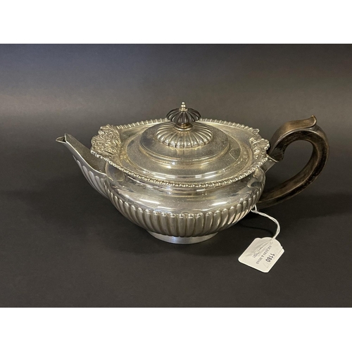 1180 - Antique Regency revival hallmarked sterling silver tea pot, boat shaped half fluted body, marked for... 