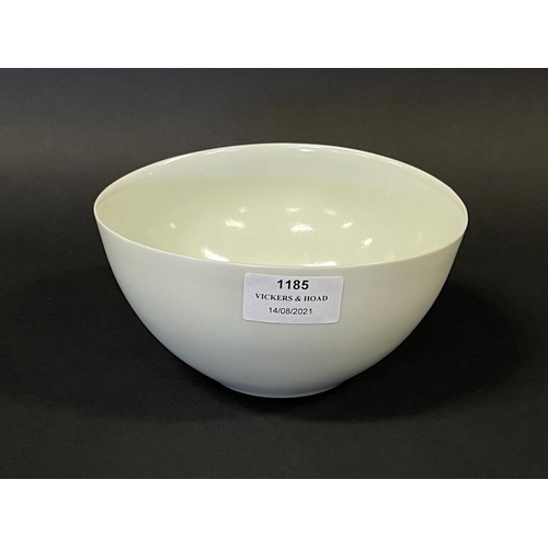 1185 - Unusual off shape pale celadon porcelain bowl, unmarked, showing orange peel glaze, approx 8cm H x 1... 