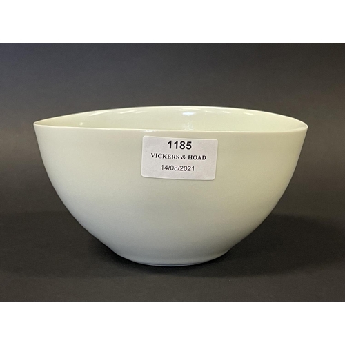 1185 - Unusual off shape pale celadon porcelain bowl, unmarked, showing orange peel glaze, approx 8cm H x 1... 