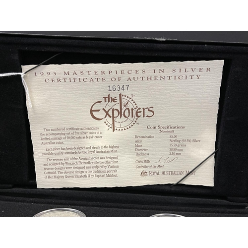 1191 - Presentation cased Australian 1993 The Explorers coin collection, each coin of $5 denomination, 925 ... 