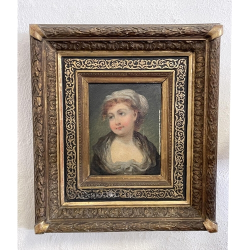 1192 - Antique French school, portrait of a lady, oil on panel, elaborate frame, portrait approx 22cm x 17c... 