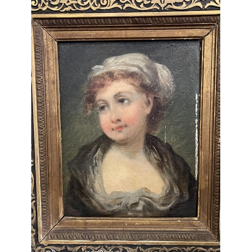 1192 - Antique French school, portrait of a lady, oil on panel, elaborate frame, portrait approx 22cm x 17c... 