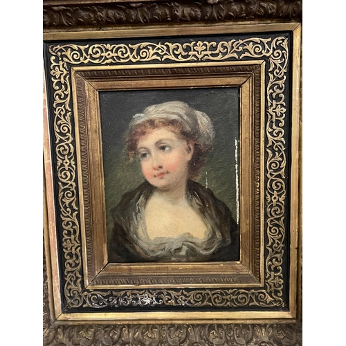 1192 - Antique French school, portrait of a lady, oil on panel, elaborate frame, portrait approx 22cm x 17c... 