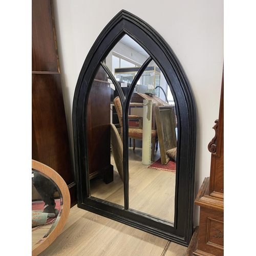 1198 - Black lacquer Gothic mirror, approx 122cm H x 80cm W