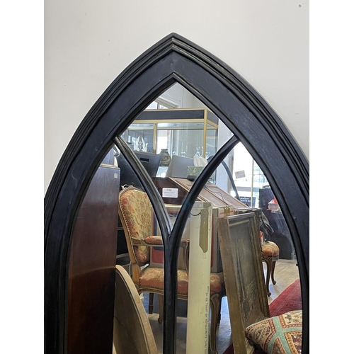 1198 - Black lacquer Gothic mirror, approx 122cm H x 80cm W